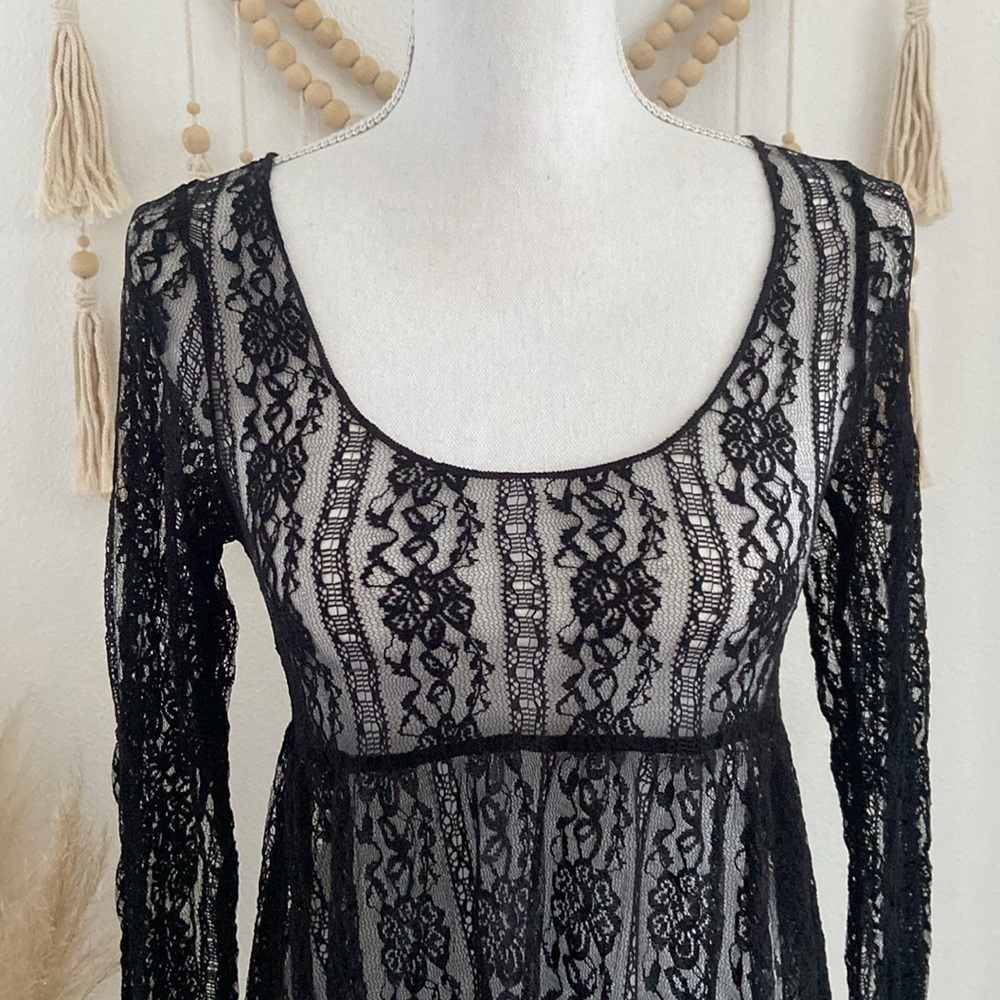 Nordstrom black lace babydoll top long sleeve sheer boho festival crochet medium - Picture 2 of 15